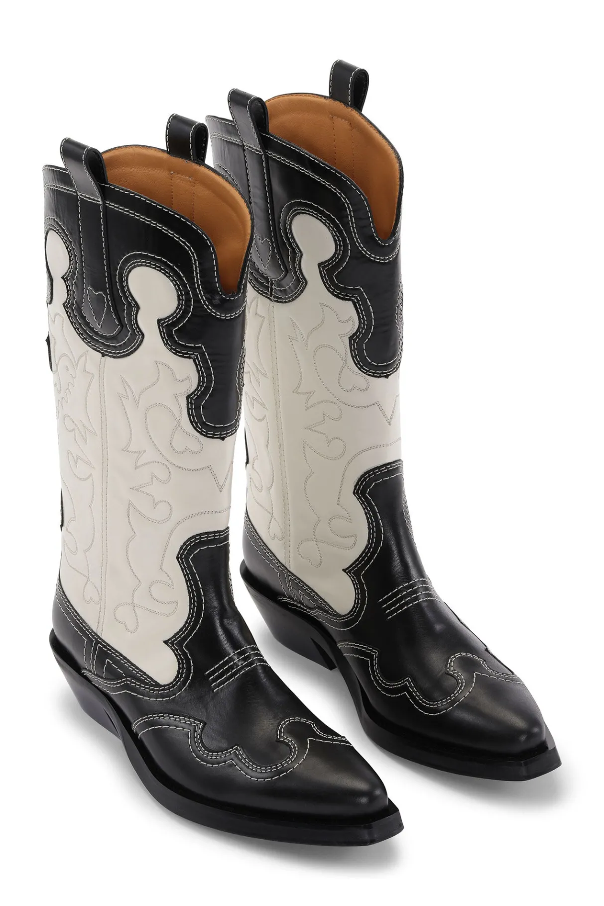 New GANNI Mid Shaft Embroidered Western Boots Black/Egret