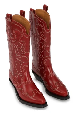 Sale GANNI Mid Shaft Embroidered Western Boots Barbados Cherry