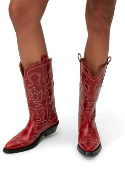 Clearance GANNI Mid Shaft Embroidered Western Boots Barbados Cherry