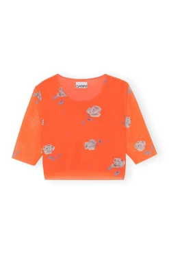 Outlet GANNI Orange Printed Mesh Cropped T-Shirt Orangeade