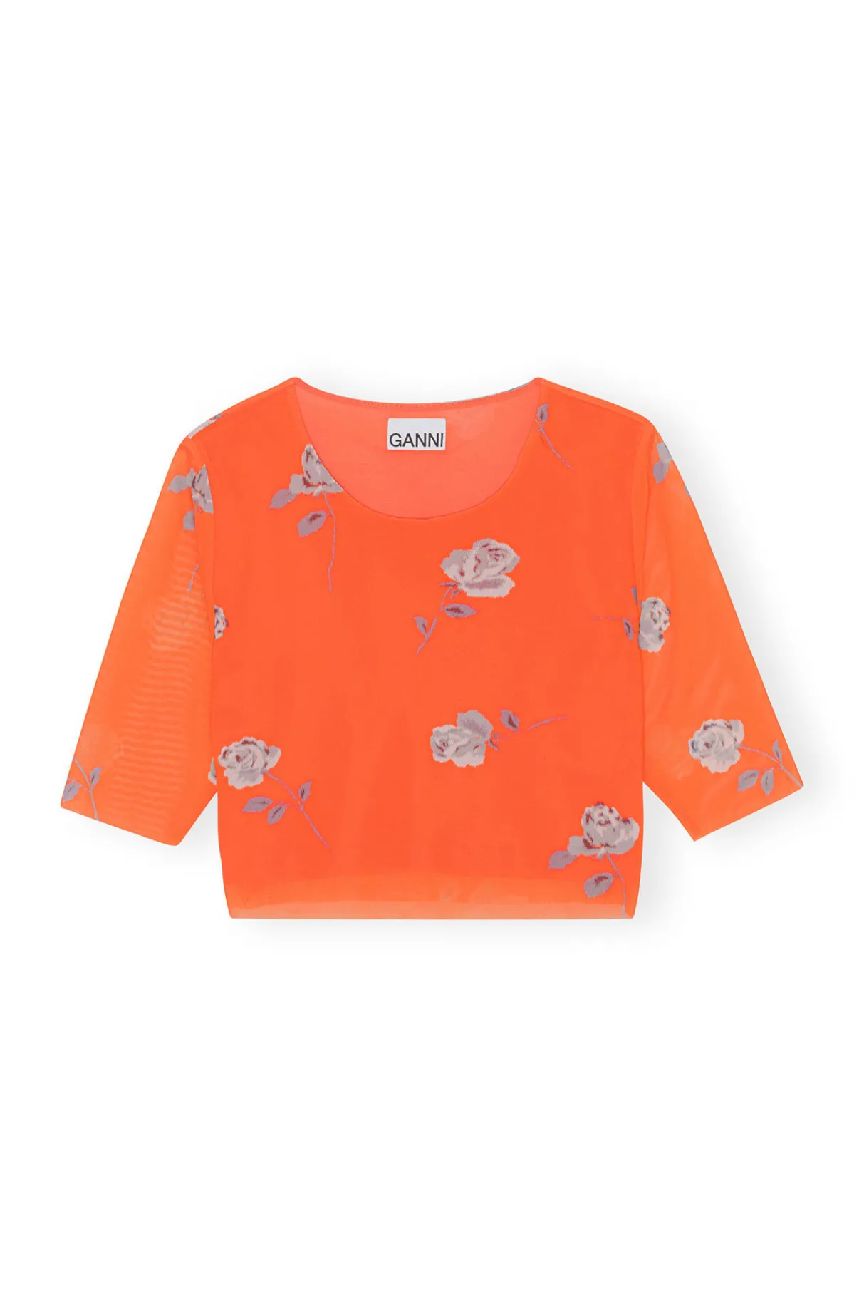 Outlet GANNI Orange Printed Mesh Cropped T-Shirt Orangeade