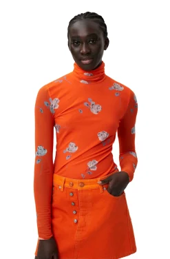 Discount GANNI Orange Printed Mesh Long Sleeve Roll Neck Orangeade