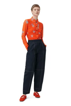 Discount GANNI Orange Printed Mesh Ruched Shirt Orangeade