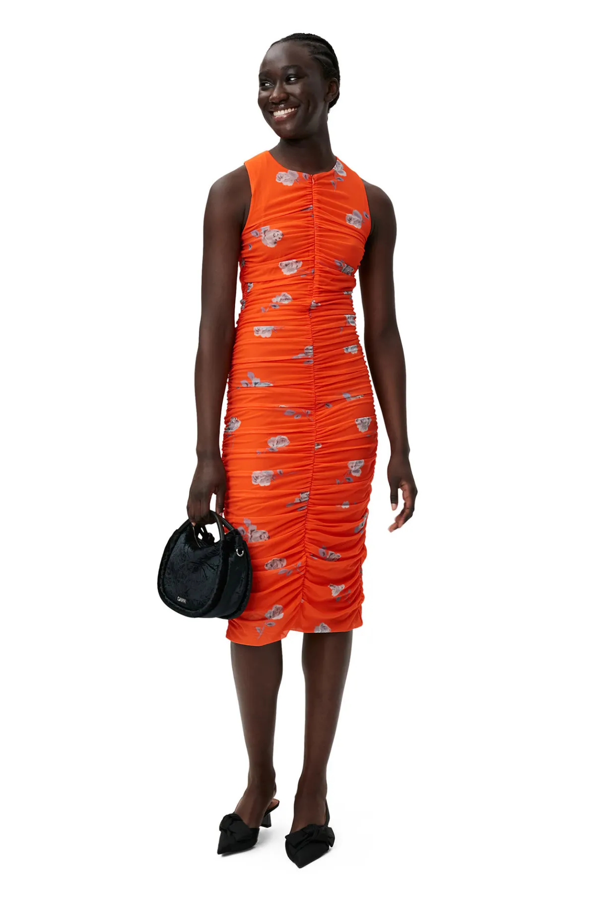 Cheap GANNI Orange Printed Ruched Mesh Midi Dress Orangeade