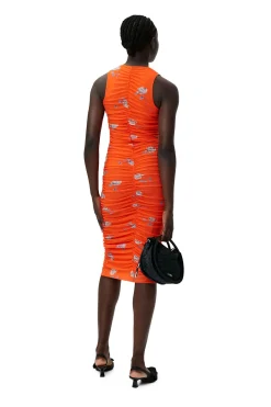 Cheap GANNI Orange Printed Ruched Mesh Midi Dress Orangeade
