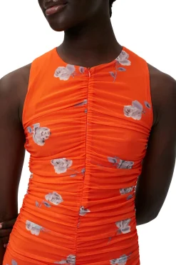 Cheap GANNI Orange Printed Ruched Mesh Midi Dress Orangeade