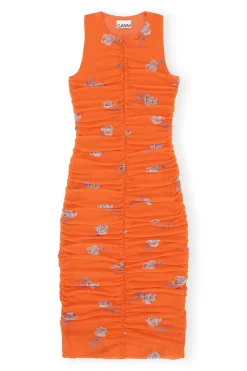 Cheap GANNI Orange Printed Ruched Mesh Midi Dress Orangeade