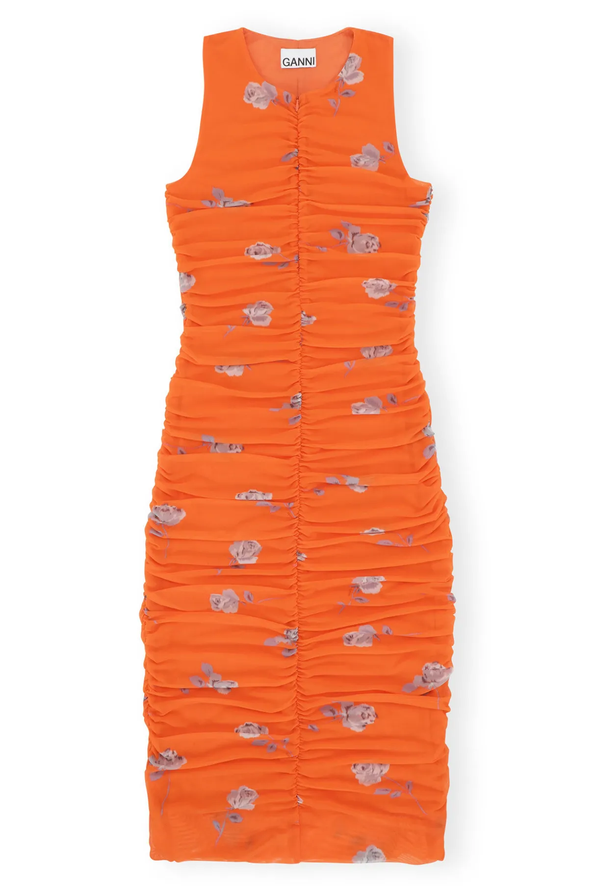 Cheap GANNI Orange Printed Ruched Mesh Midi Dress Orangeade