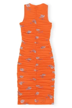 Cheap GANNI Orange Printed Ruched Mesh Midi Dress Orangeade
