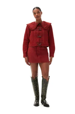 New GANNI Overdyed Denim Double Fly Mini Skirt Racing Red