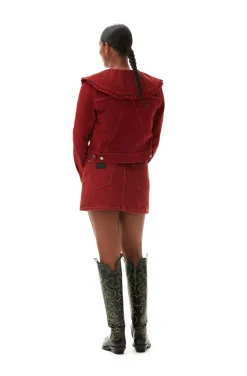 New GANNI Overdyed Denim Double Fly Mini Skirt Racing Red