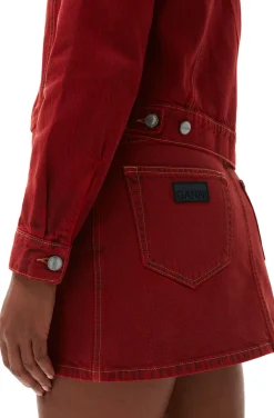 New GANNI Overdyed Denim Double Fly Mini Skirt Racing Red