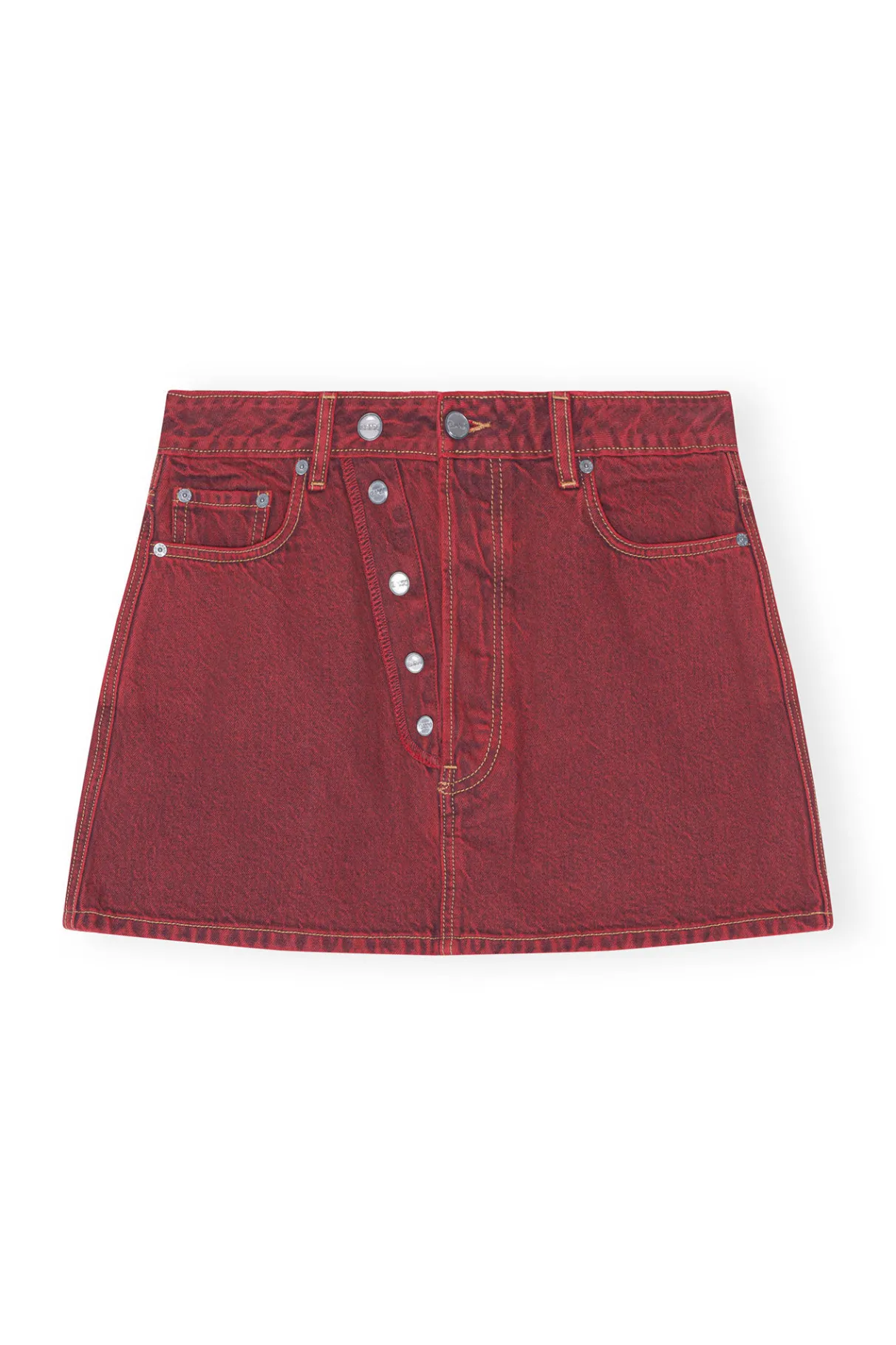 New GANNI Overdyed Denim Double Fly Mini Skirt Racing Red