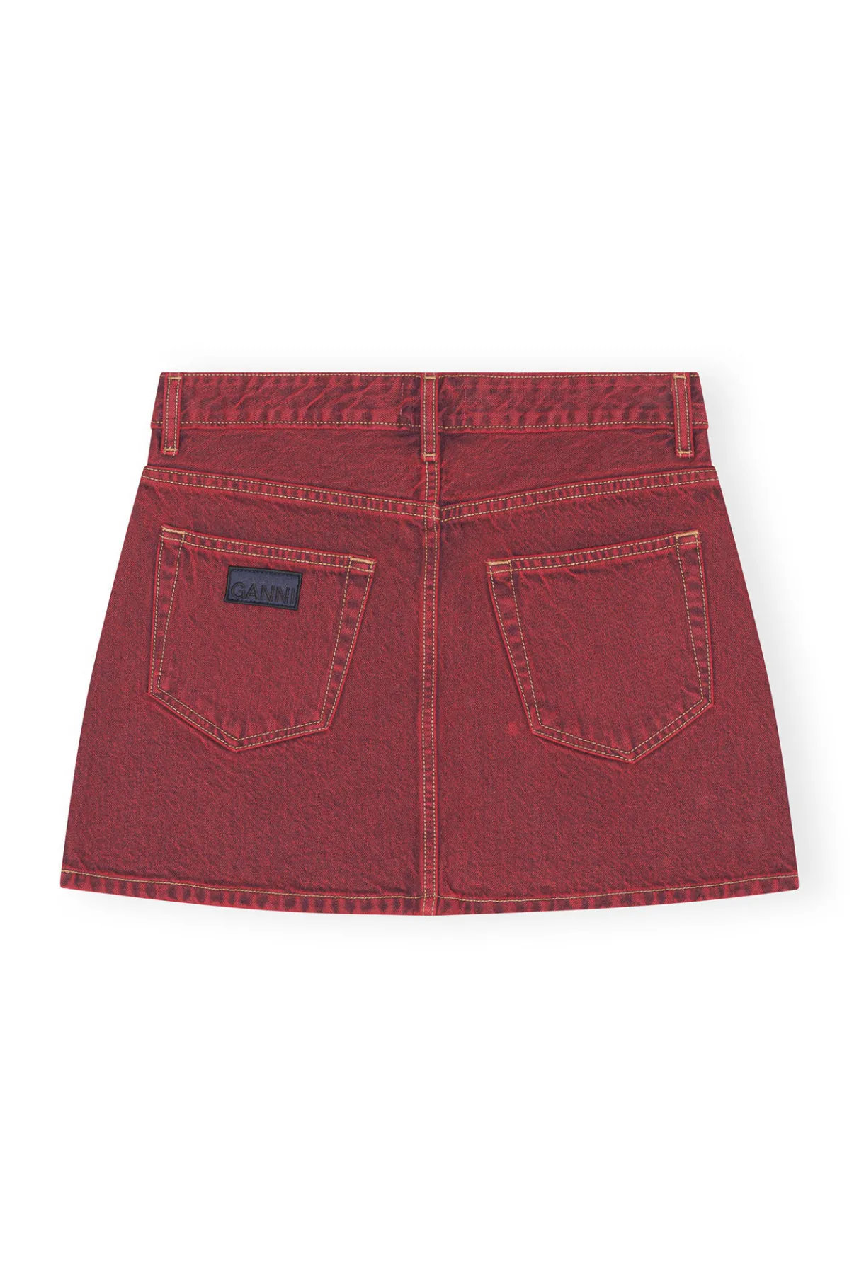 New GANNI Overdyed Denim Double Fly Mini Skirt Racing Red
