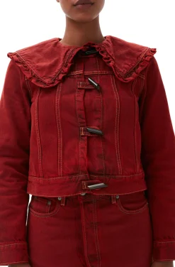 Clearance GANNI Overdyed Denim Frill Collar Jacket Racing Red