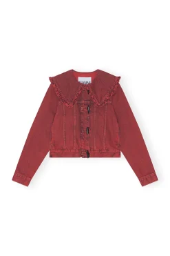 Clearance GANNI Overdyed Denim Frill Collar Jacket Racing Red