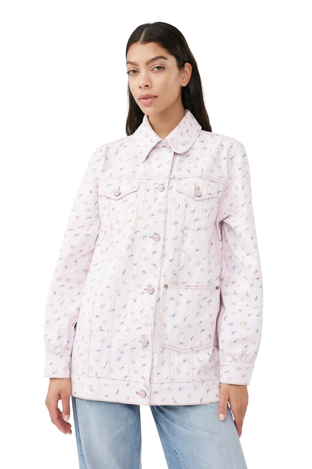 Best Sale GANNI Oversized Flower Print Denim Jacket Pink Tulle