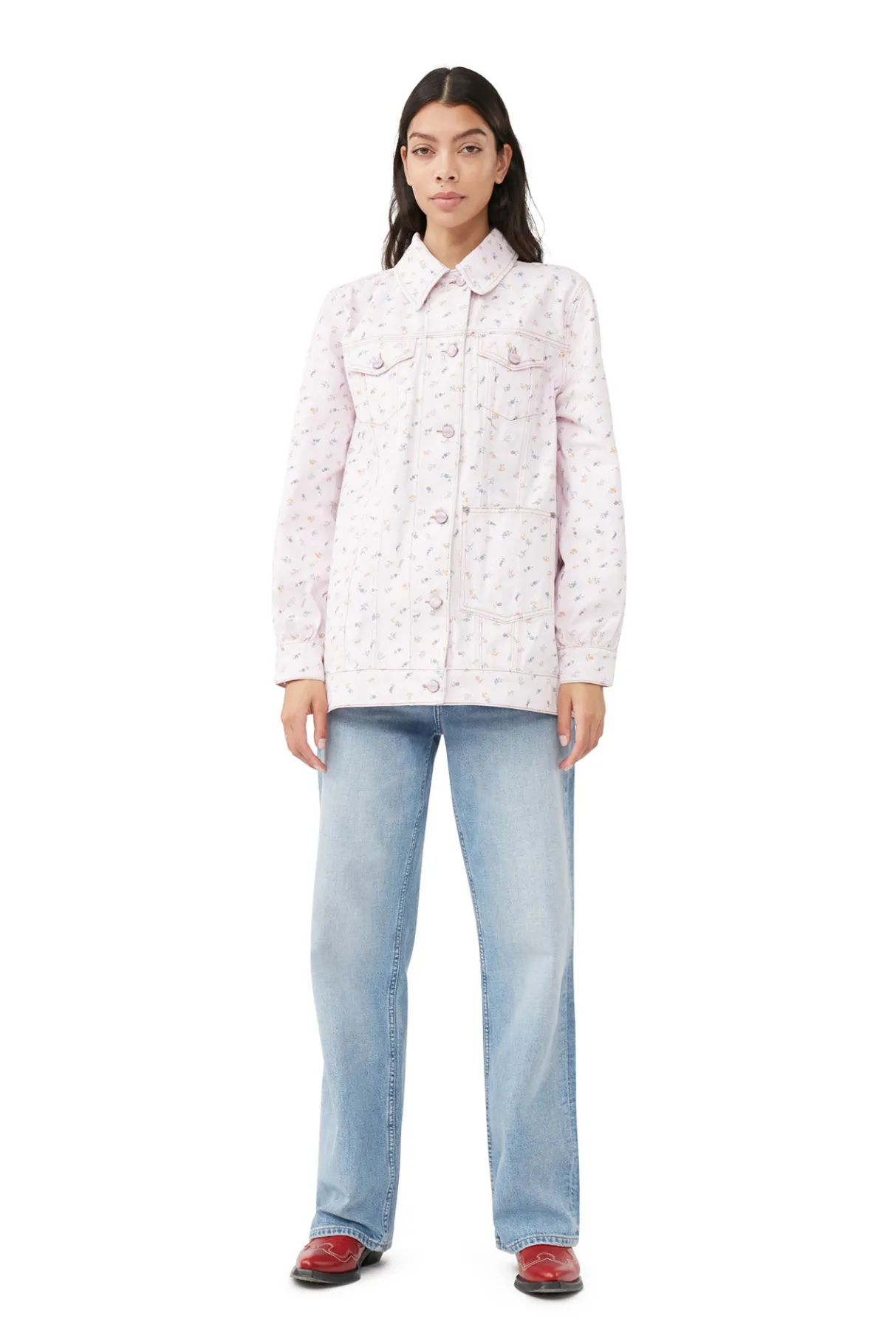Best Sale GANNI Oversized Flower Print Denim Jacket Pink Tulle