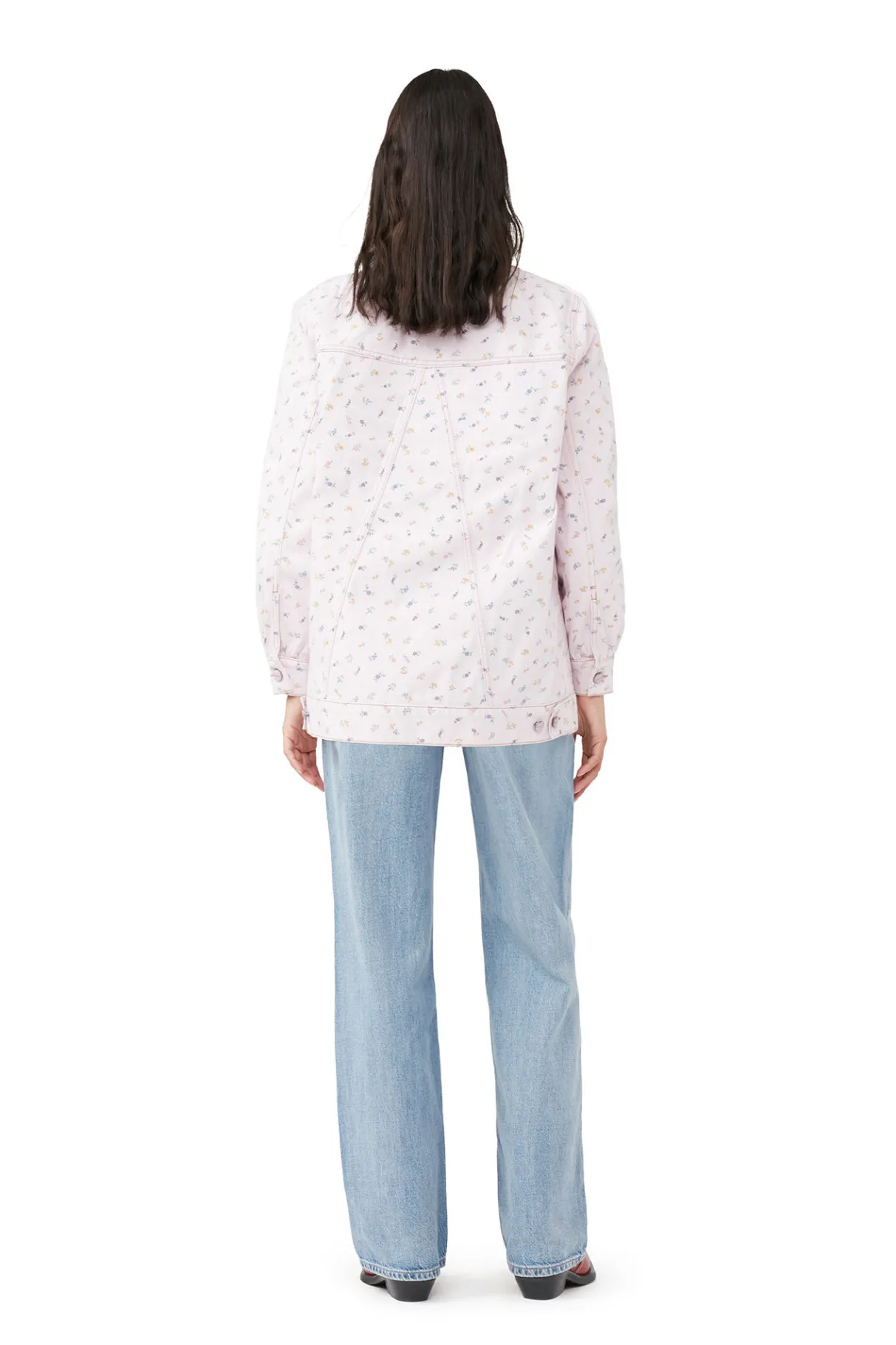 Best Sale GANNI Oversized Flower Print Denim Jacket Pink Tulle