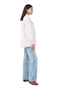 Best Sale GANNI Oversized Flower Print Denim Jacket Pink Tulle