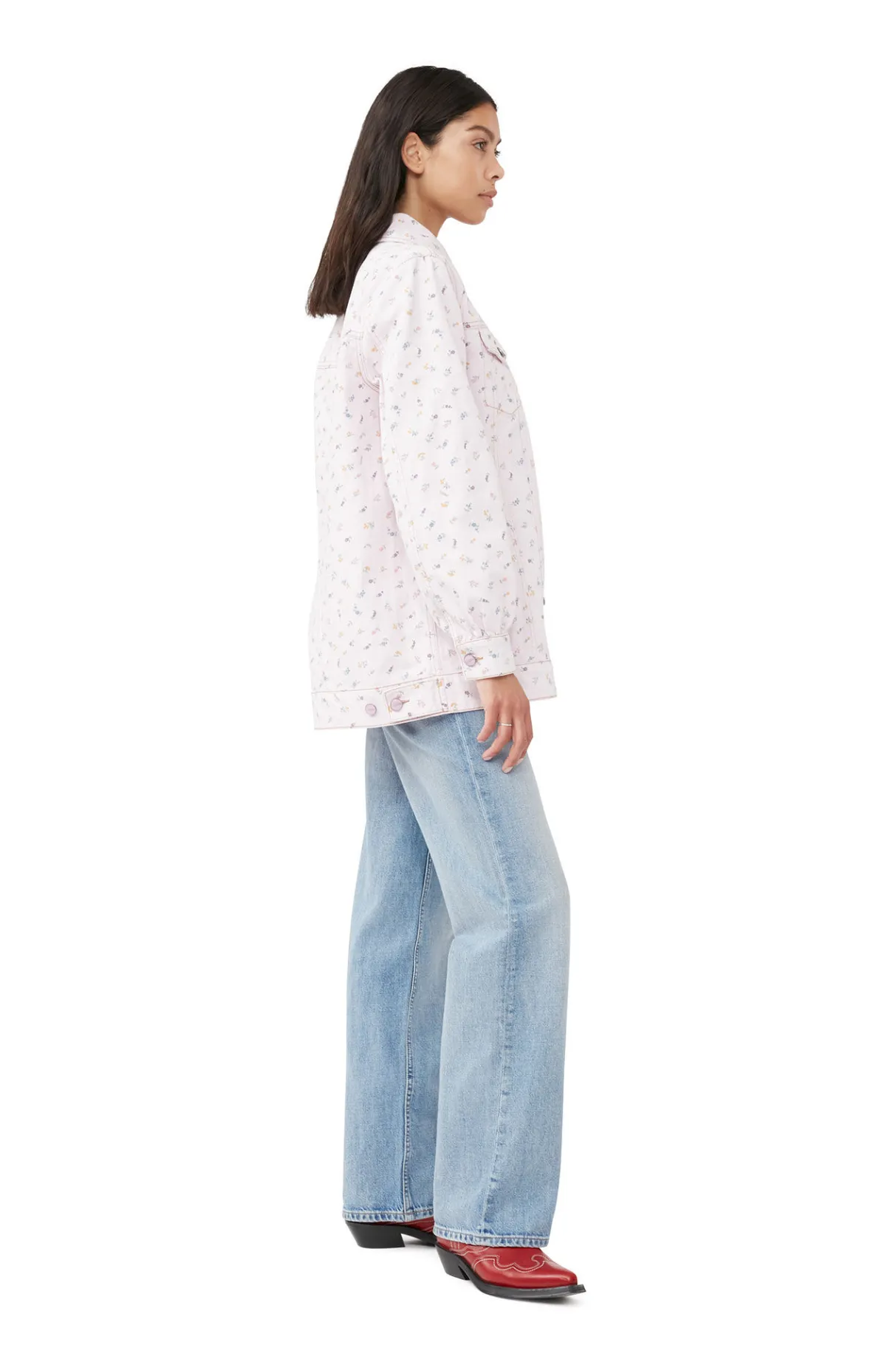 Best Sale GANNI Oversized Flower Print Denim Jacket Pink Tulle