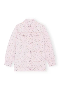Best Sale GANNI Oversized Flower Print Denim Jacket Pink Tulle