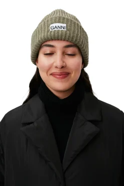 Cheap GANNI Oversized Wool Beanie Dusty Olive