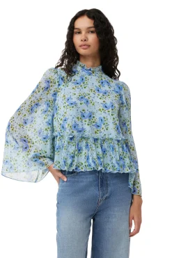 Best GANNI Pleated Georgette Blouse Ice Water