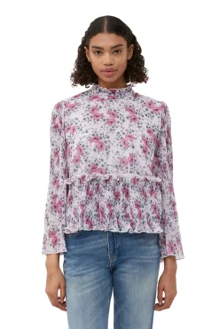 Cheap GANNI Pleated Georgette Blouse Mauve Chalk