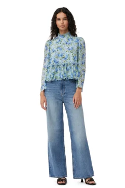 Best GANNI Pleated Georgette Blouse Ice Water