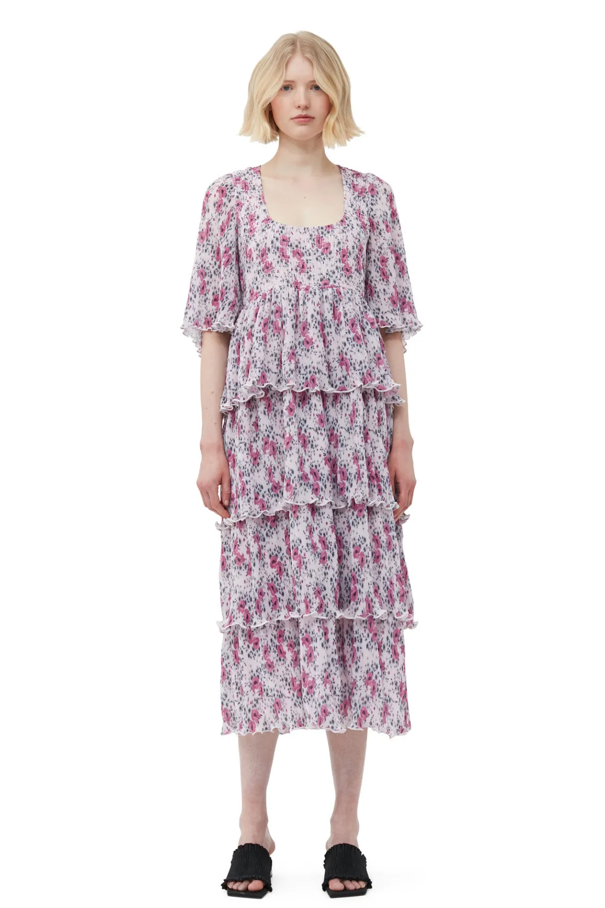 Online GANNI Pleated Georgette Flounce Smock Midi Dress Mauve Chalk