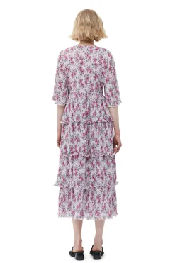 Online GANNI Pleated Georgette Flounce Smock Midi Dress Mauve Chalk