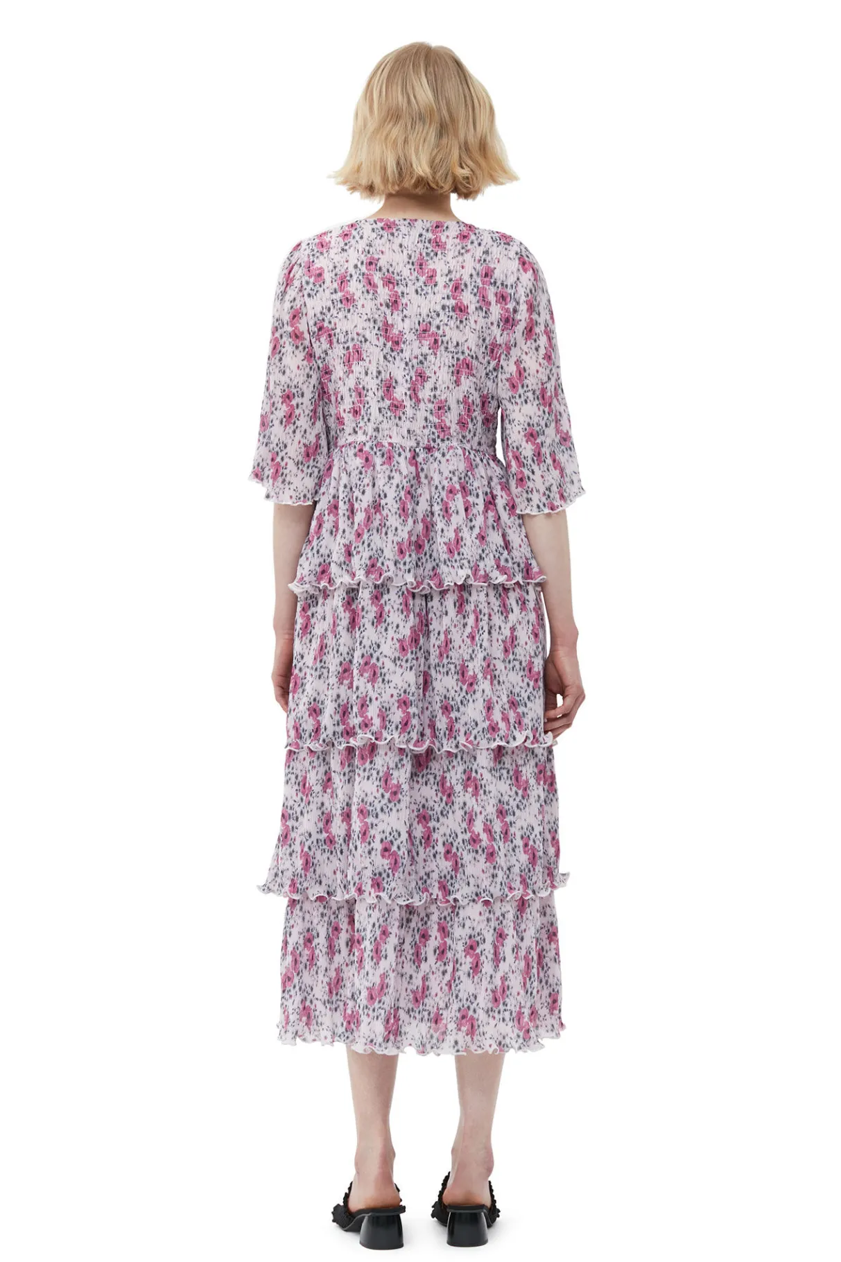 Online GANNI Pleated Georgette Flounce Smock Midi Dress Mauve Chalk