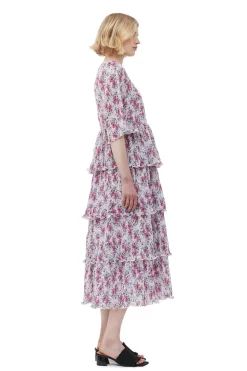 Online GANNI Pleated Georgette Flounce Smock Midi Dress Mauve Chalk