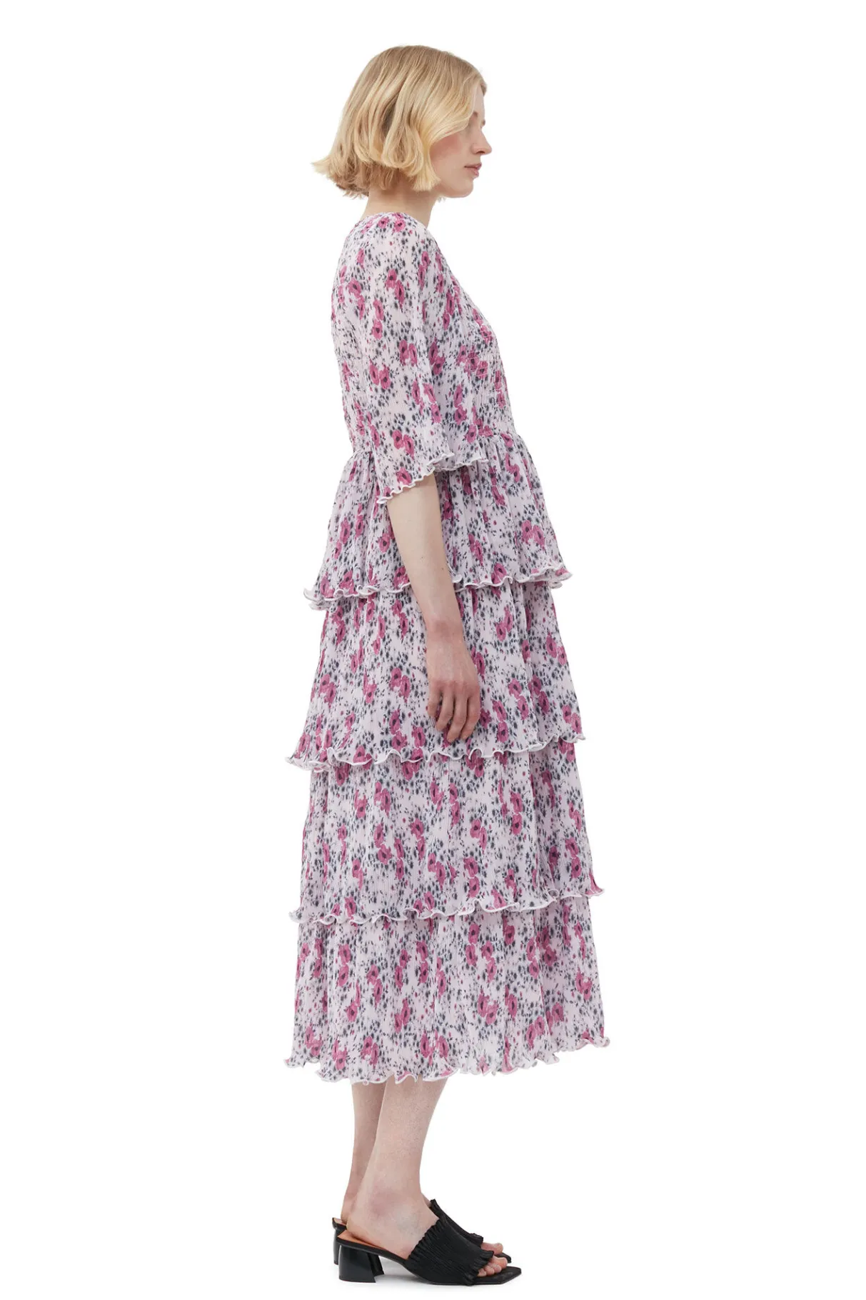 Online GANNI Pleated Georgette Flounce Smock Midi Dress Mauve Chalk