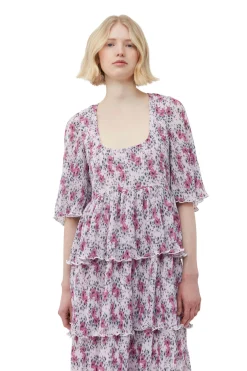 Online GANNI Pleated Georgette Flounce Smock Midi Dress Mauve Chalk