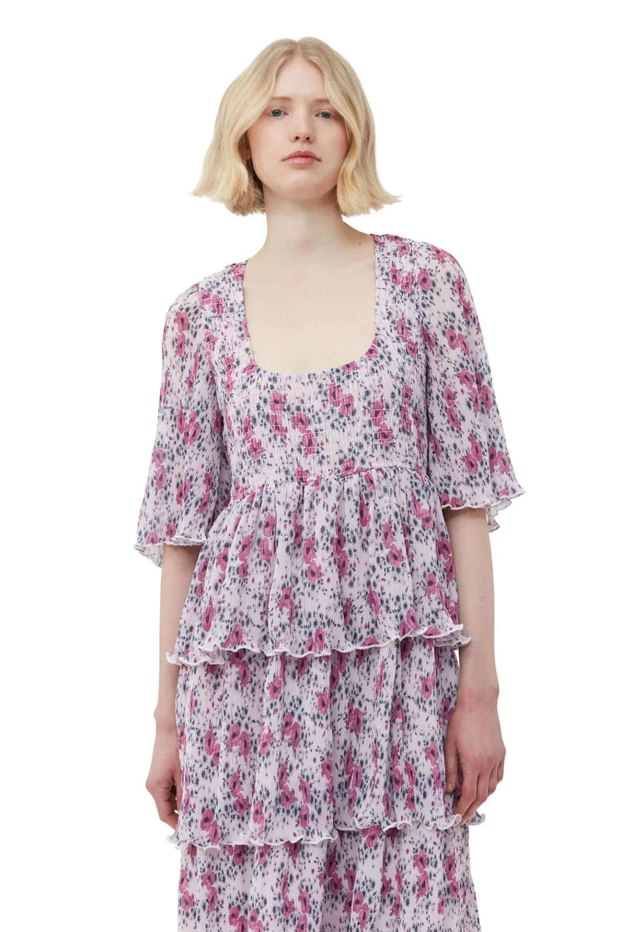 Online GANNI Pleated Georgette Flounce Smock Midi Dress Mauve Chalk