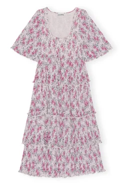 Online GANNI Pleated Georgette Flounce Smock Midi Dress Mauve Chalk