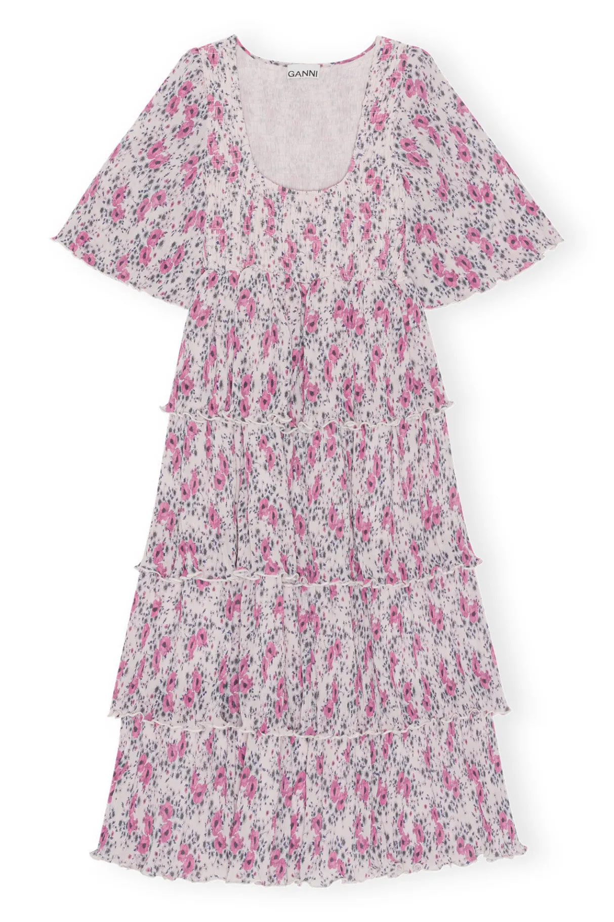 Online GANNI Pleated Georgette Flounce Smock Midi Dress Mauve Chalk