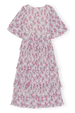 Online GANNI Pleated Georgette Flounce Smock Midi Dress Mauve Chalk