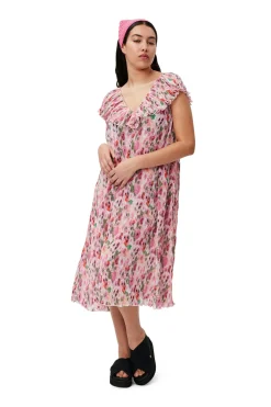 Sale GANNI Pleated Georgette Midi Dress Sugar Plum