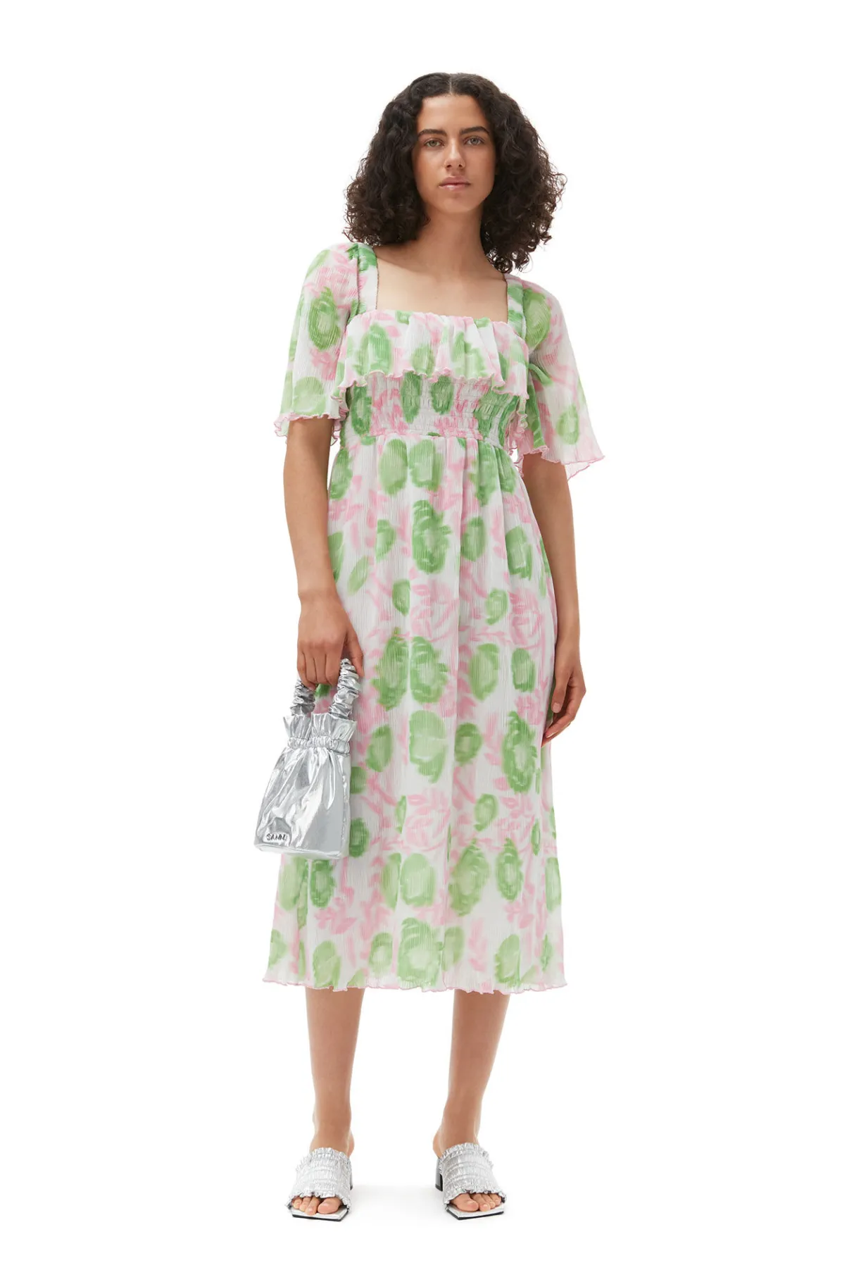 Cheap GANNI Pleated Georgette Midi Smock Dress Pink Tulle
