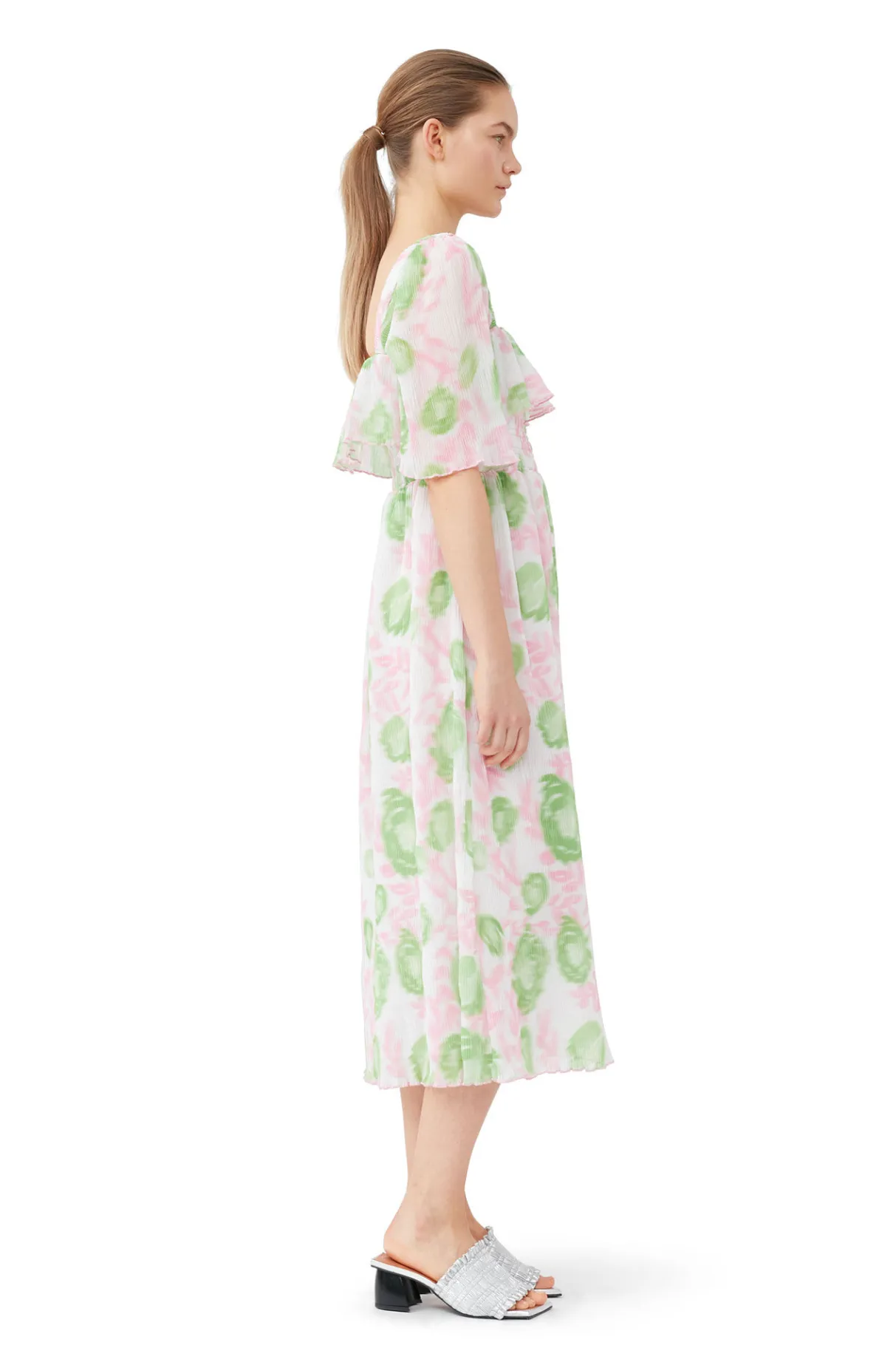Cheap GANNI Pleated Georgette Midi Smock Dress Pink Tulle