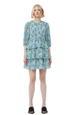Clearance GANNI Pleated Georgette Mini Dress Ice Water