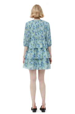 Clearance GANNI Pleated Georgette Mini Dress Ice Water