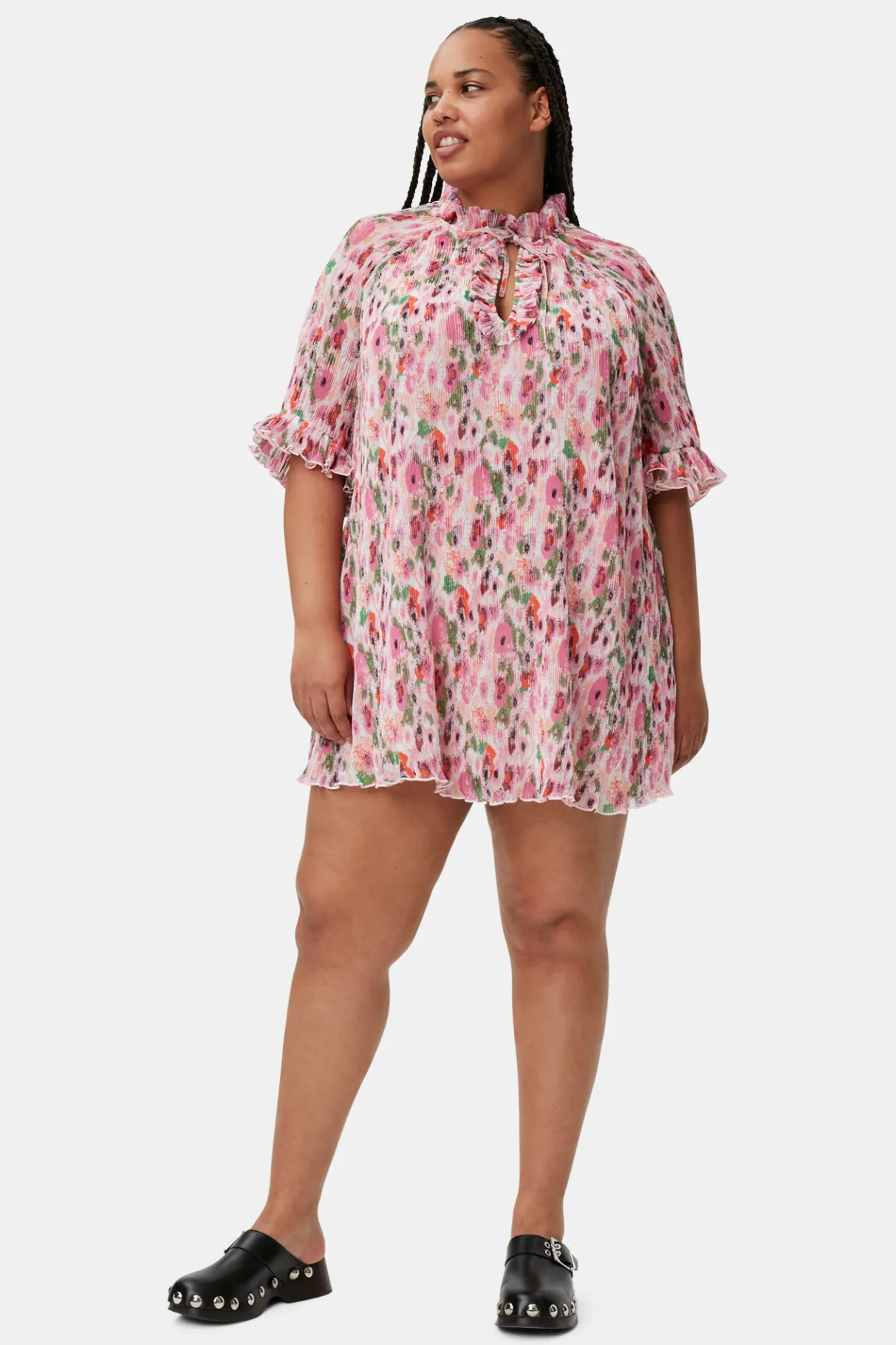 Store GANNI Pleated Georgette Ruffle Mini Dress Sugar Plum