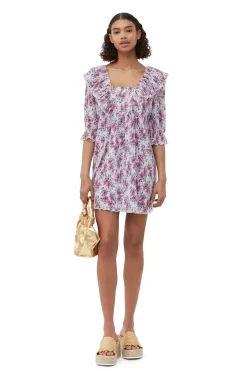 Best GANNI Pleated Georgette Ruffle Mini Dress Mauve Chalk