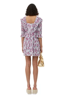 Best GANNI Pleated Georgette Ruffle Mini Dress Mauve Chalk