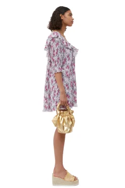 Best GANNI Pleated Georgette Ruffle Mini Dress Mauve Chalk
