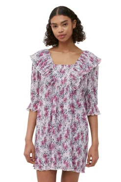Best GANNI Pleated Georgette Ruffle Mini Dress Mauve Chalk